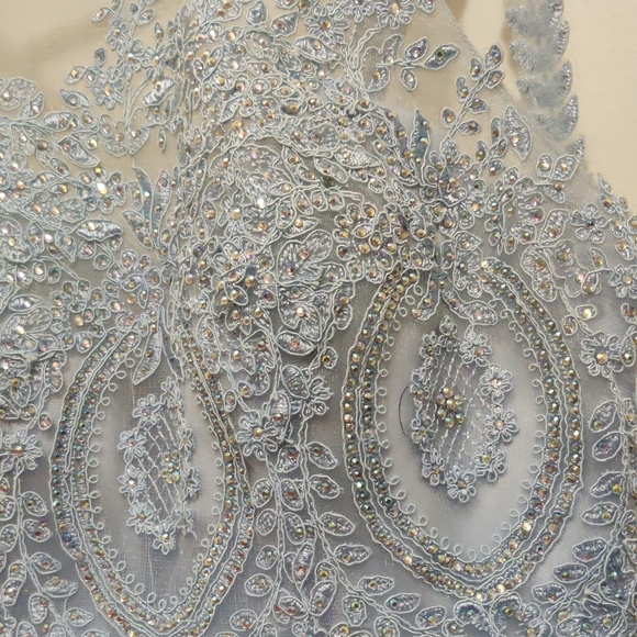 Elegant Ice Blue Lace And Rhinestone Formal Dress - Picture 9 of 10